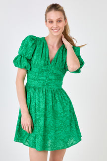 ENDLESS ROSE - Floral Puff Sleeves Dress with Ruched Waist - DRESSES available at Objectrare