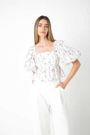 ENDLESS ROSE - Blouson Sleeve Floral Textured Top - TOPS available at Objectrare