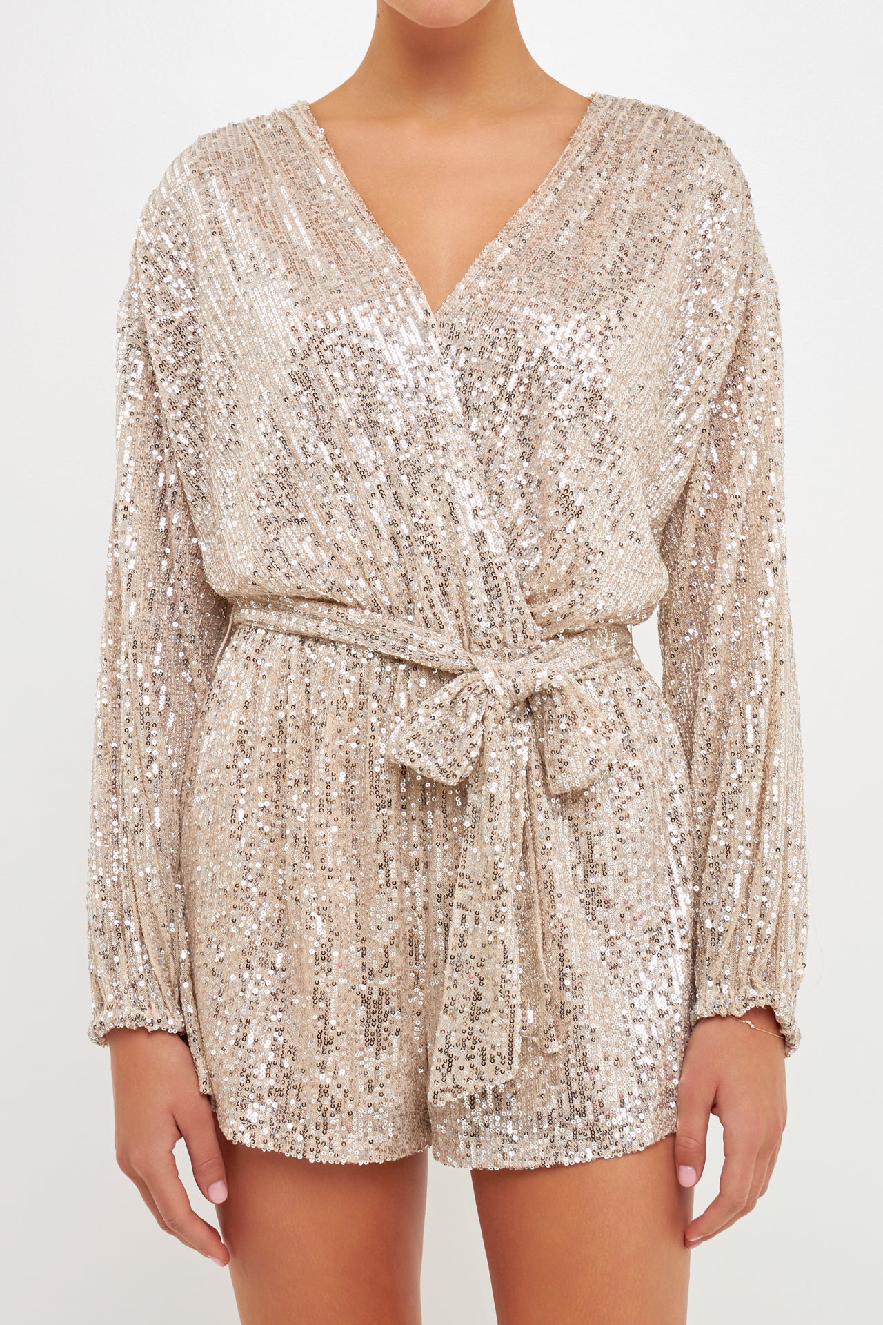 ENDLESS ROSE - Wrap Belted Sequins Romper - ROMPERS available at Objectrare