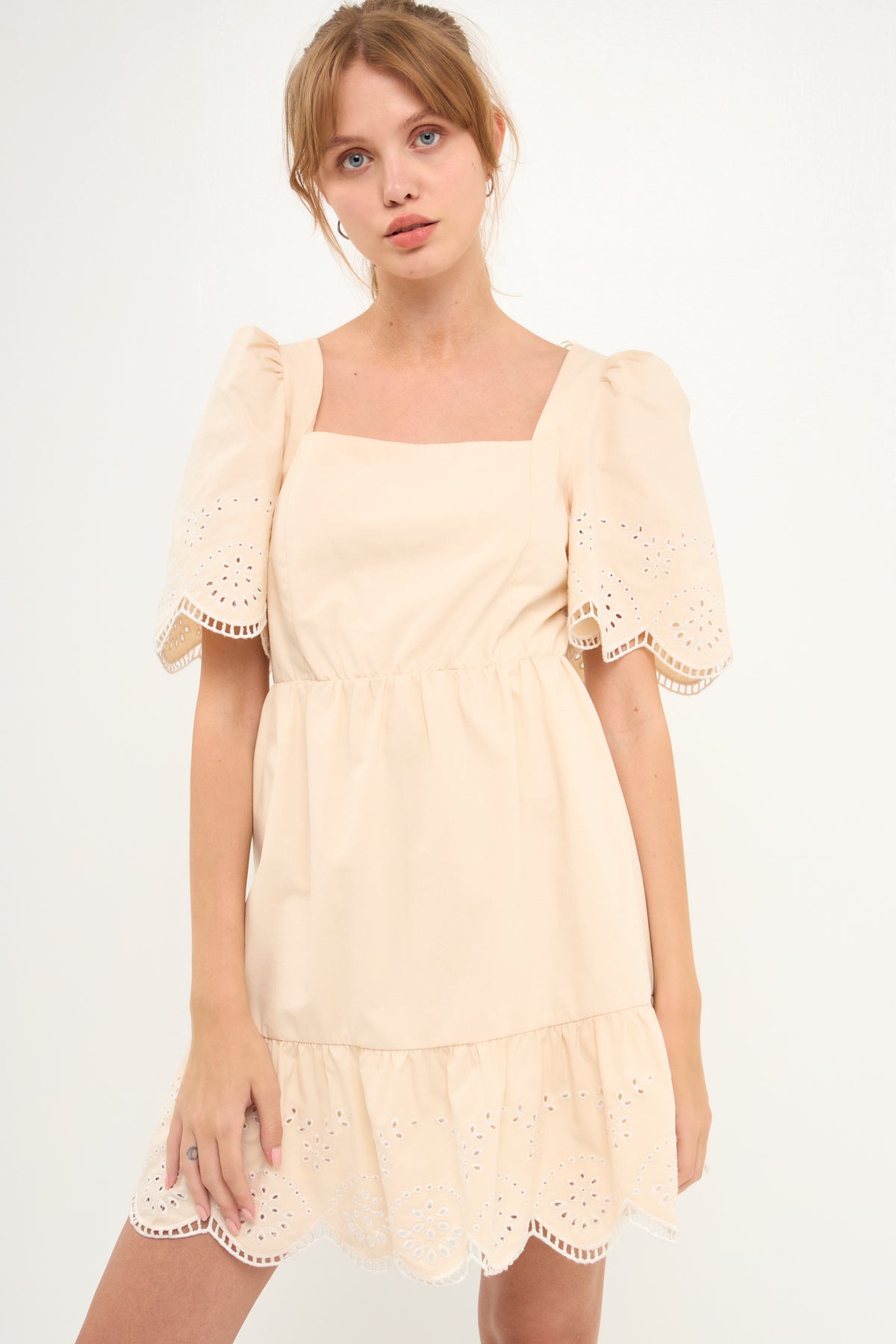ENGLISH FACTORY - Embroidered Ruffle Square Neck Mini Dress - DRESSES available at Objectrare