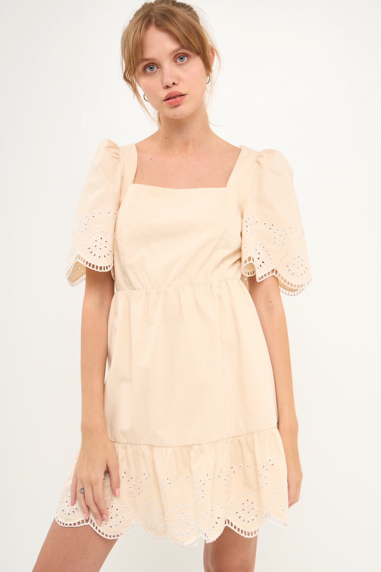 ENGLISH FACTORY - Embroidered Ruffle Square Neck Mini Dress - DRESSES available at Objectrare