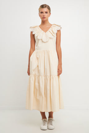 ENGLISH FACTORY - Ruffled Lace Contrast Midi Dress - DRESSES available at Objectrare