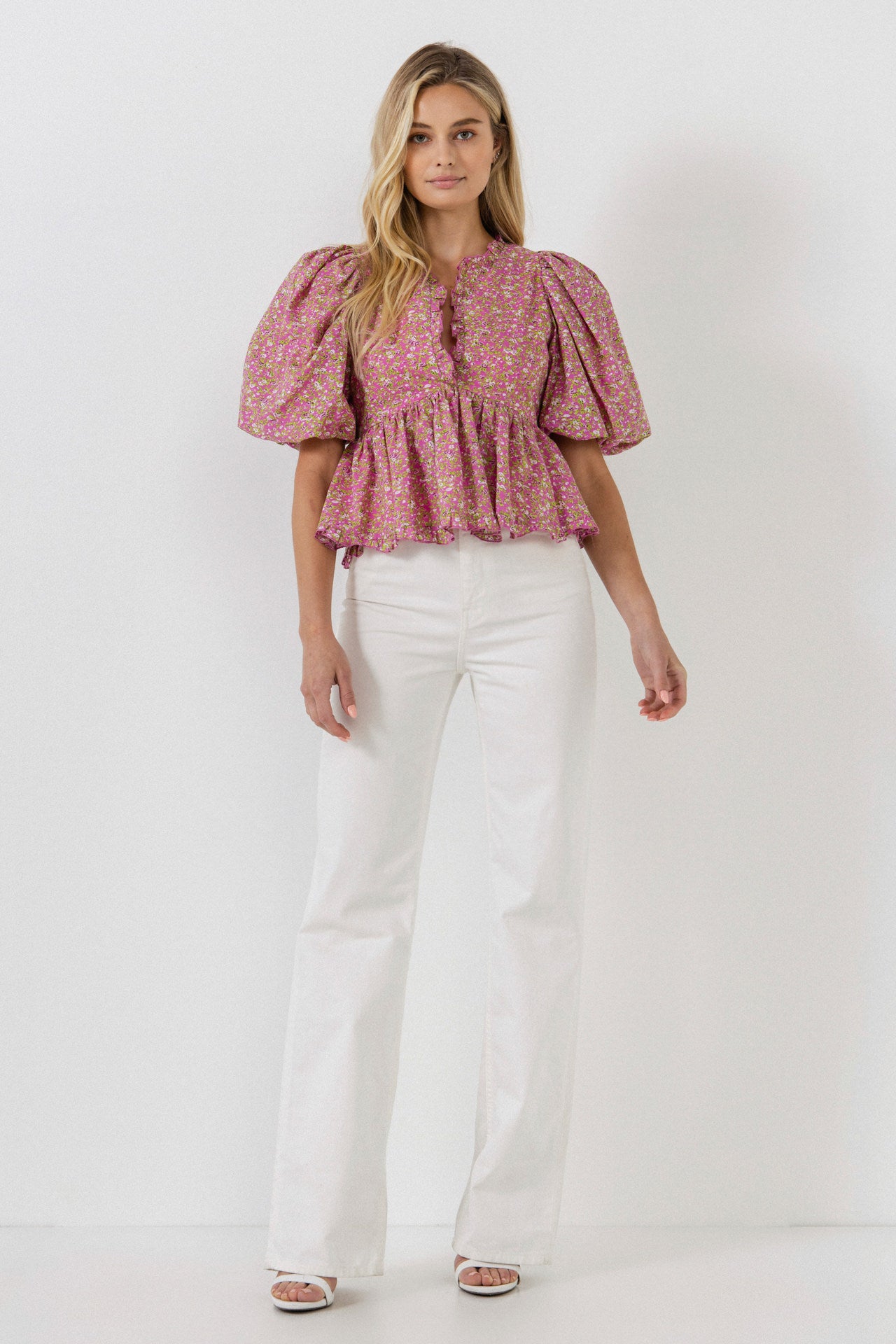 FREE THE ROSES - Puff Sleeve Ruffled V Blouse - TOPS available at Objectrare
