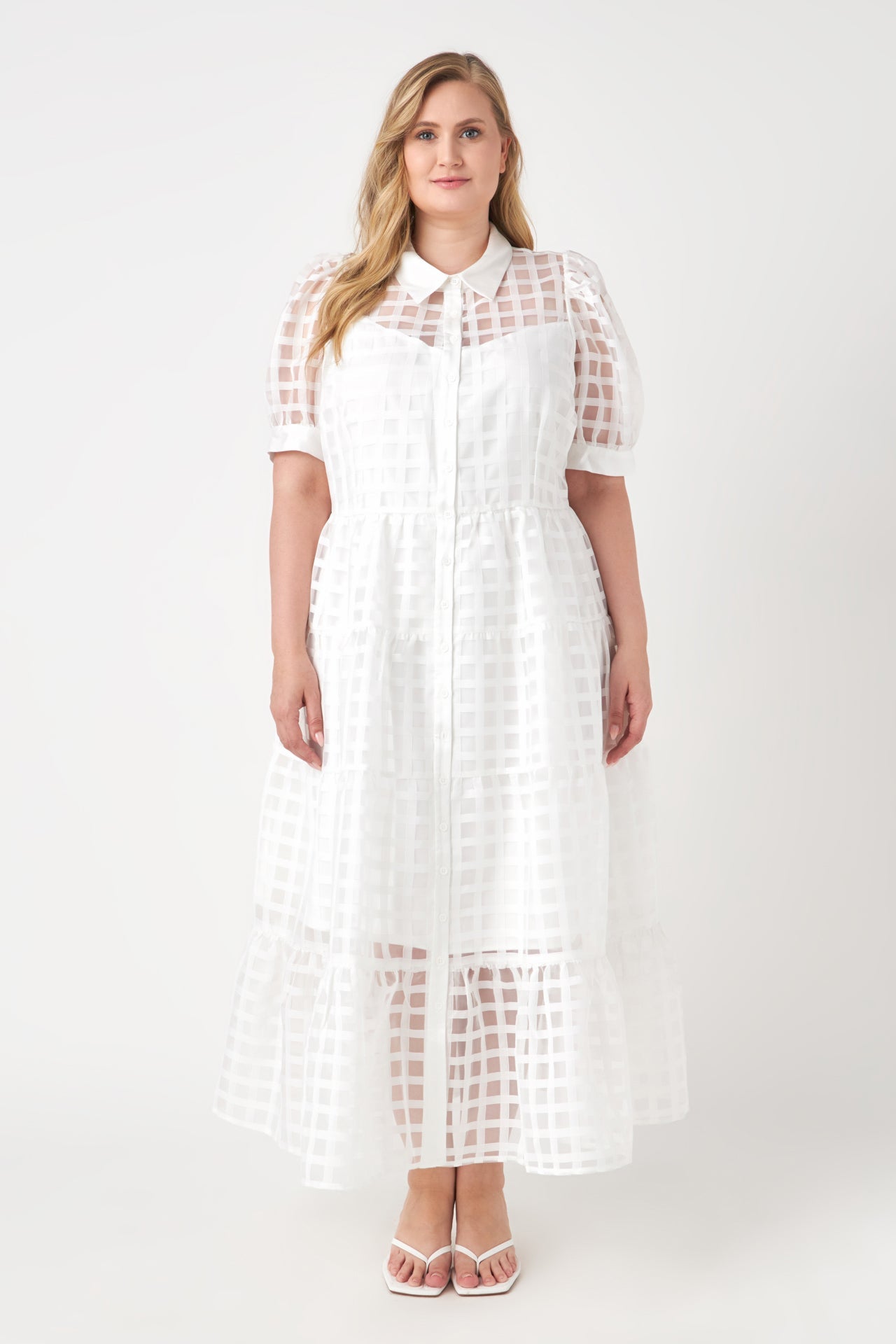 Gridded Organza Tiered Maxi Dress