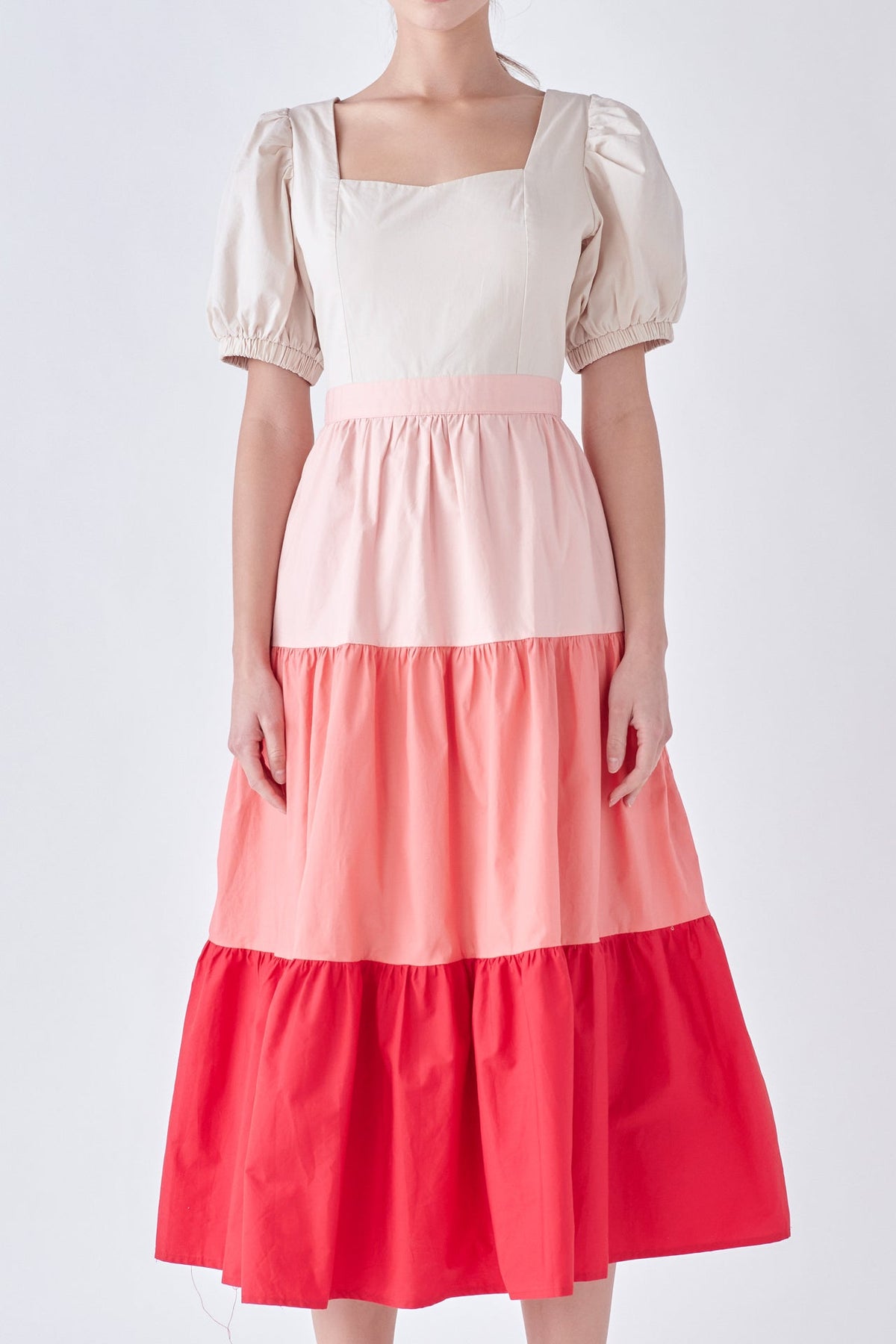 ENGLISH FACTORY - SPO Color Block Puff Sleeve Tiered Midi Dress - DRESSES available at Objectrare