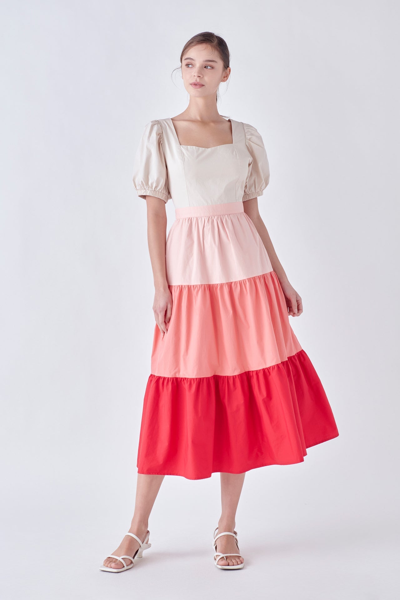 ENGLISH FACTORY - SPO Color Block Puff Sleeve Tiered Midi Dress - DRESSES available at Objectrare