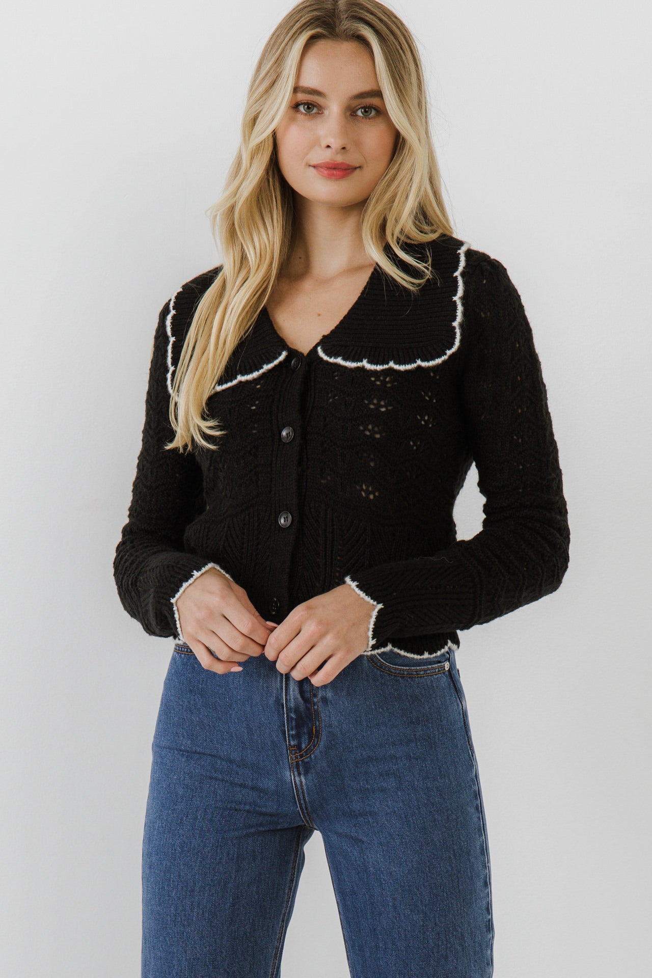 ENDLESS ROSE - Scallop Collared Trim Knit Cardigan - SWEATERS & KNITS available at Objectrare