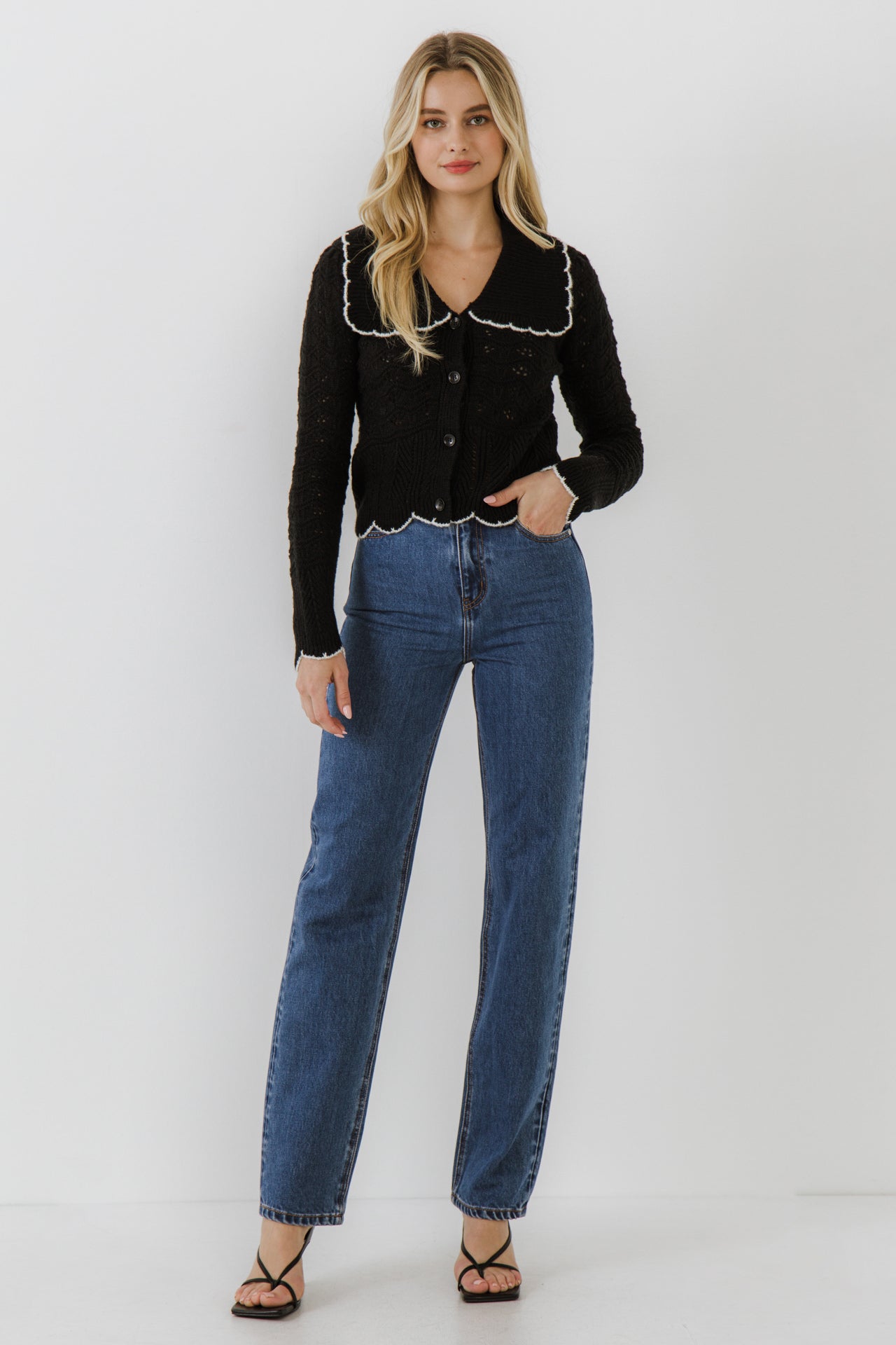 ENDLESS ROSE - Scallop Collared Trim Knit Cardigan - SWEATERS & KNITS available at Objectrare