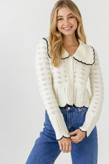 ENDLESS ROSE - Scallop Collared Trim Knit Cardigan - SWEATERS & KNITS available at Objectrare