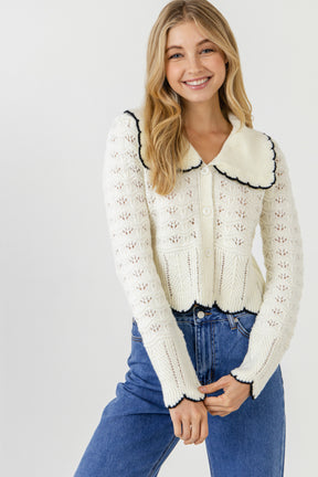 ENDLESS ROSE - Scallop Collared Trim Knit Cardigan - SWEATERS & KNITS available at Objectrare