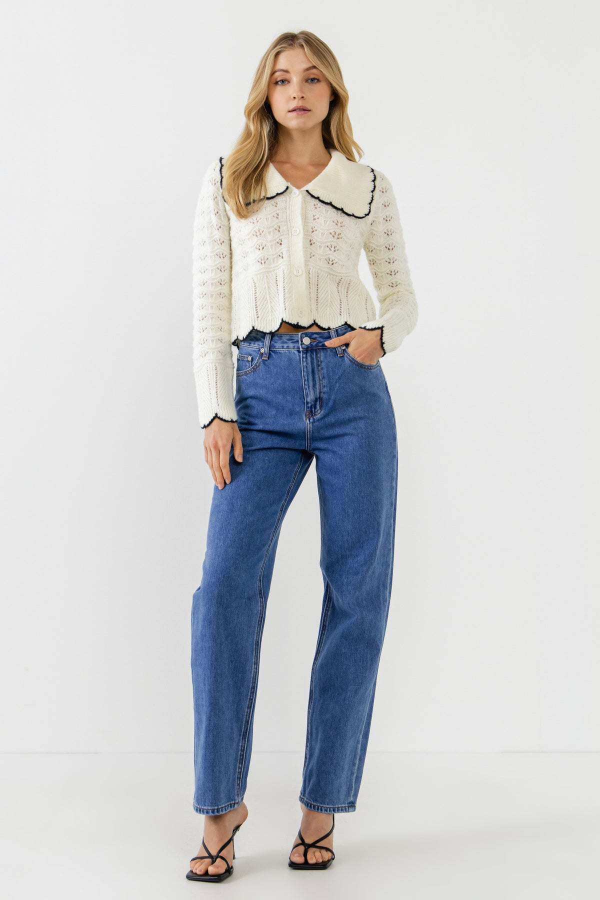 ENDLESS ROSE - Scallop Collared Trim Knit Cardigan - SWEATERS & KNITS available at Objectrare