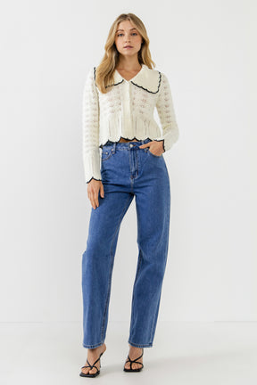 ENDLESS ROSE - Scallop Collared Trim Knit Cardigan - SWEATERS & KNITS available at Objectrare