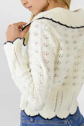 ENDLESS ROSE - Scallop Collared Trim Knit Cardigan - SWEATERS & KNITS available at Objectrare