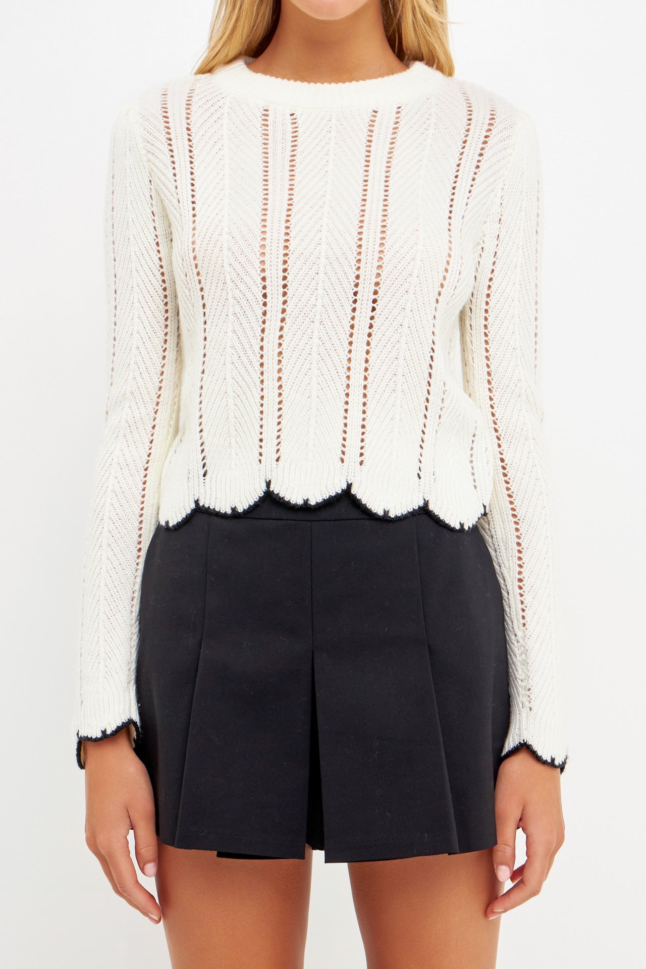 ENGLISH FACTORY - Scallop Contrast Trimmed Knit Sweater - SWEATERS & KNITS available at Objectrare
