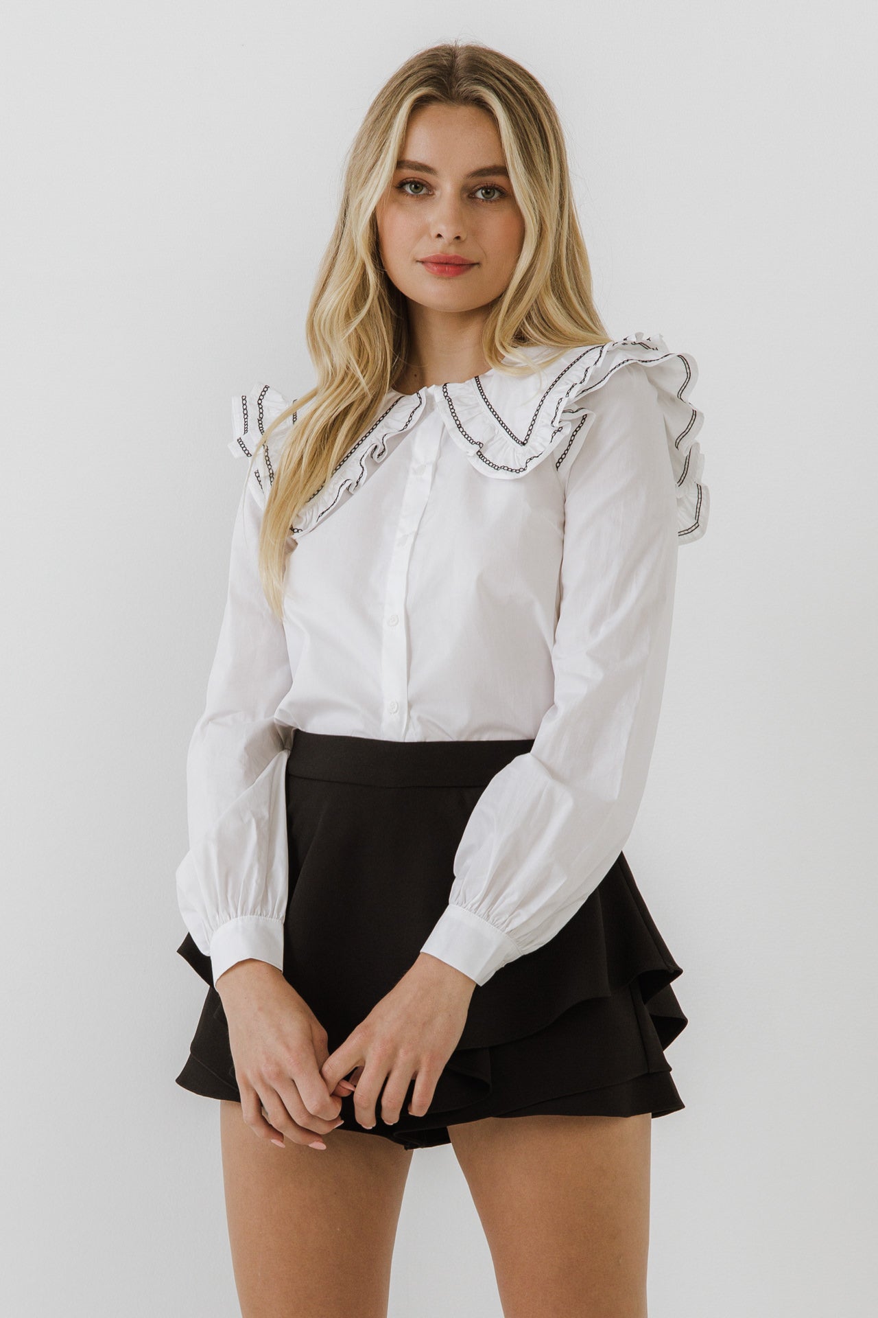 ENGLISH FACTORY - Collared Blouse with Embroidery Trim Details - TOPS available at Objectrare