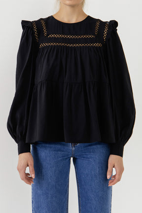 ENGLISH FACTORY - Ruffled Lace Insert Blouse - TOPS available at Objectrare