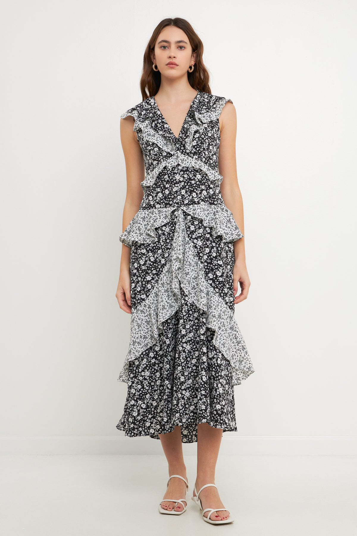 ENDLESS ROSE - Dot Floral Contrast Midi Ruffle Dress - DRESSES available at Objectrare