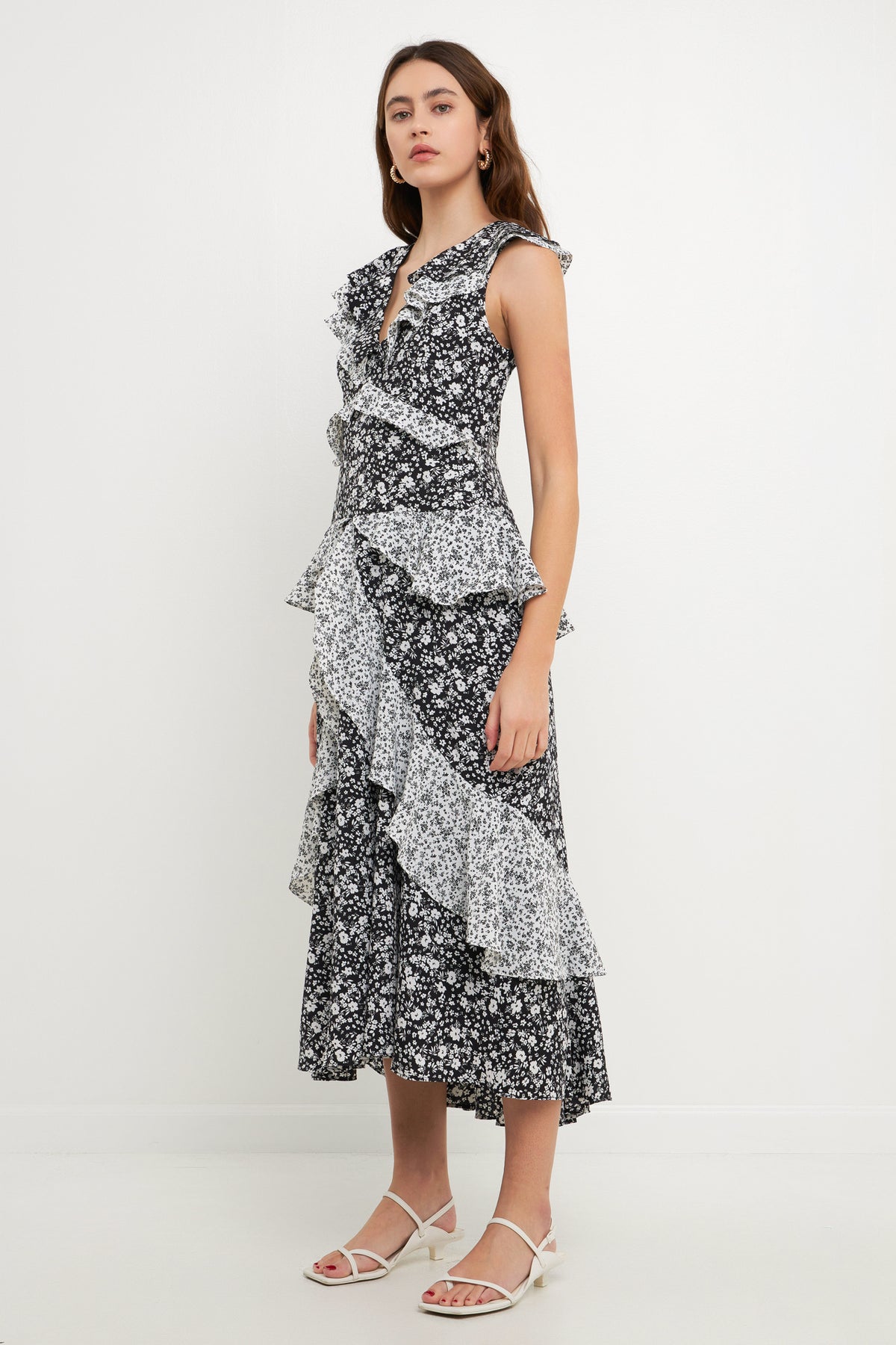 ENDLESS ROSE - Dot Floral Contrast Midi Ruffle Dress - DRESSES available at Objectrare