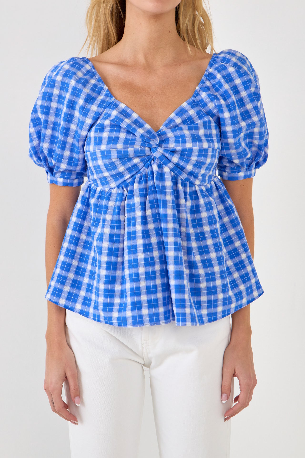 ENGLISH FACTORY - Gingham Twisted Puff Sleeve Top - TOPS available at Objectrare