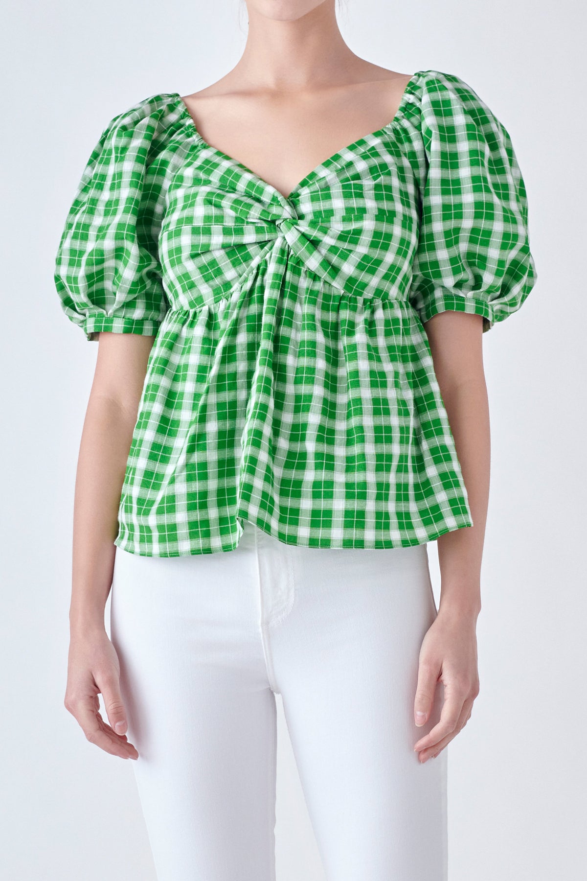 ENGLISH FACTORY - Gingham Twisted Puff Sleeve Top - TOPS available at Objectrare