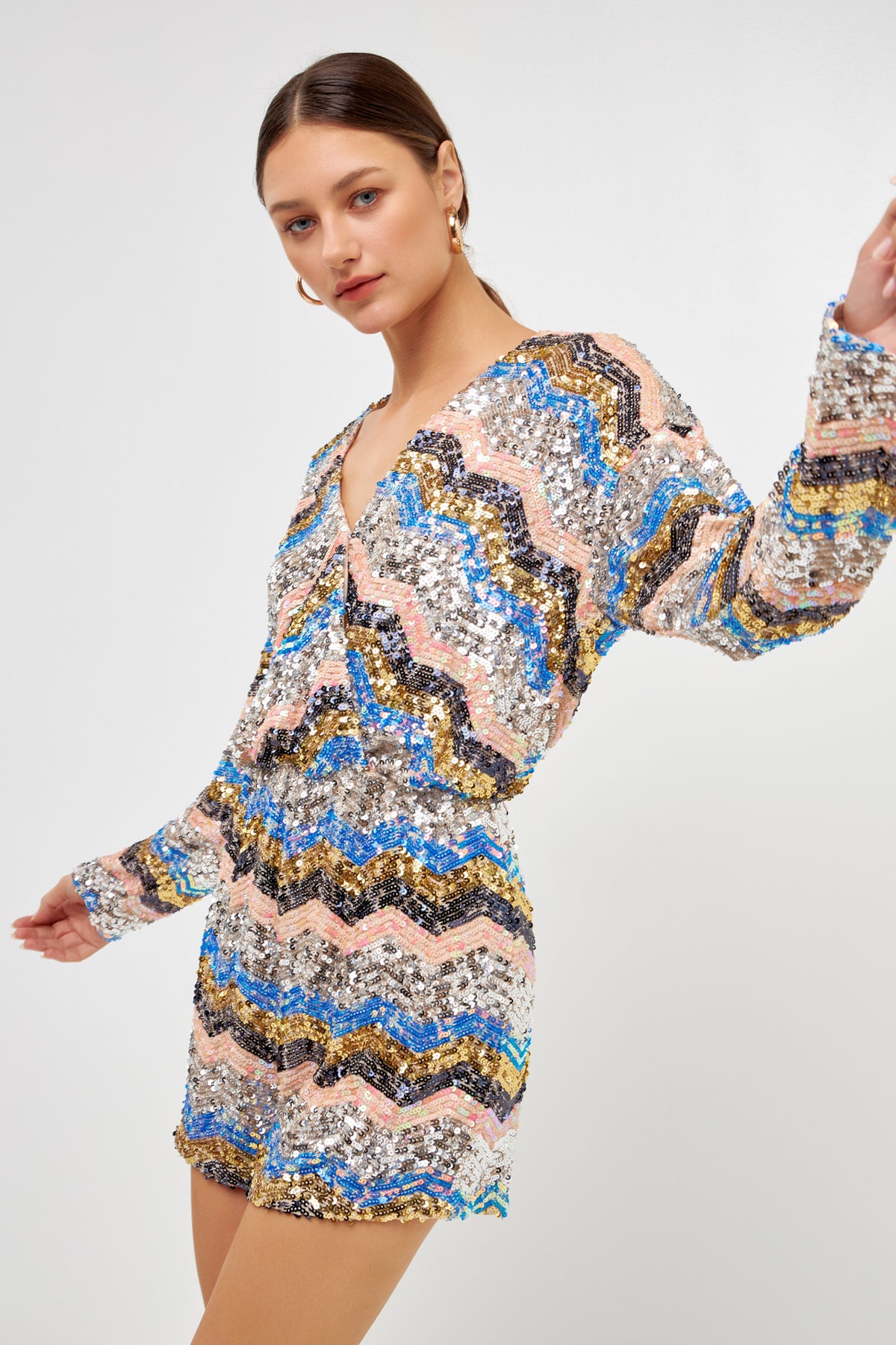 ENDLESS ROSE - Chevron Sequin Romper - ROMPERS available at Objectrare
