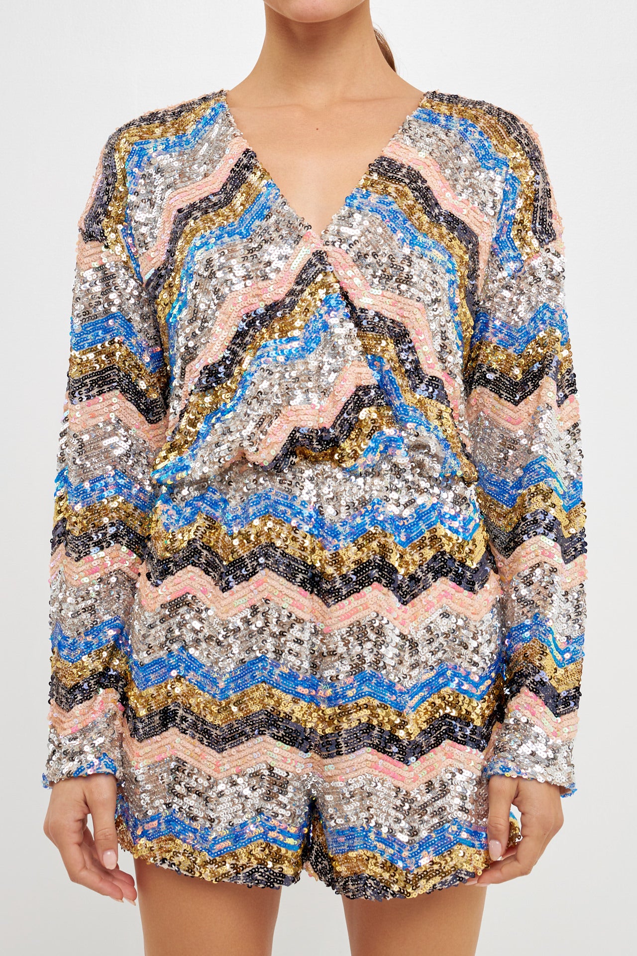 ENDLESS ROSE - Chevron Sequin Romper - ROMPERS available at Objectrare