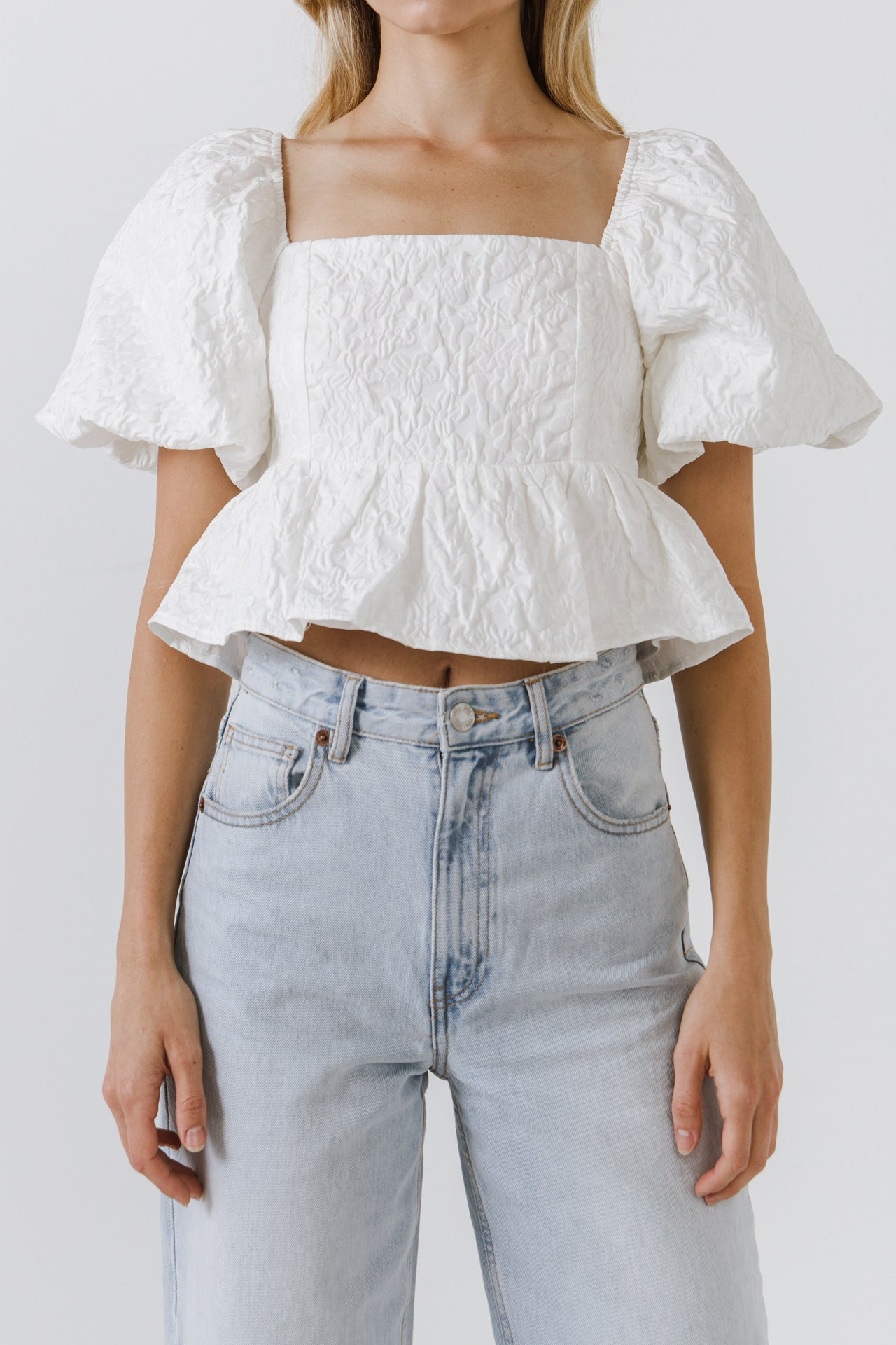 ENDLESS ROSE - Square Neck Puff Sleeve Jacquard Top - TOPS available at Objectrare