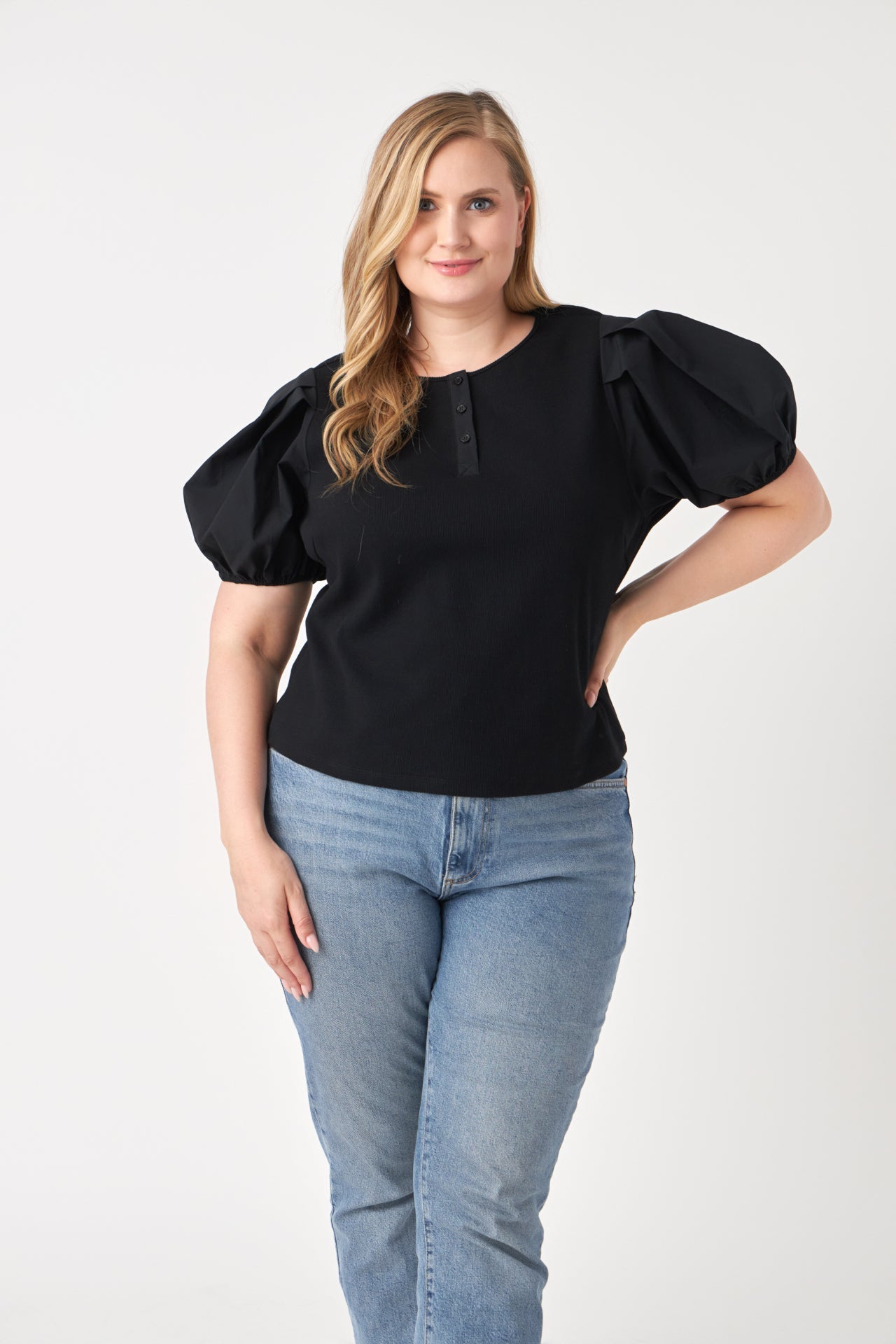 ENGLISH FACTORY - Mixed Media Puff Sleeve Henley Top - TOPS available at Objectrare