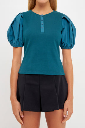 ENGLISH FACTORY - Mixed Media Puff Sleeve Henley Top - TOPS available at Objectrare