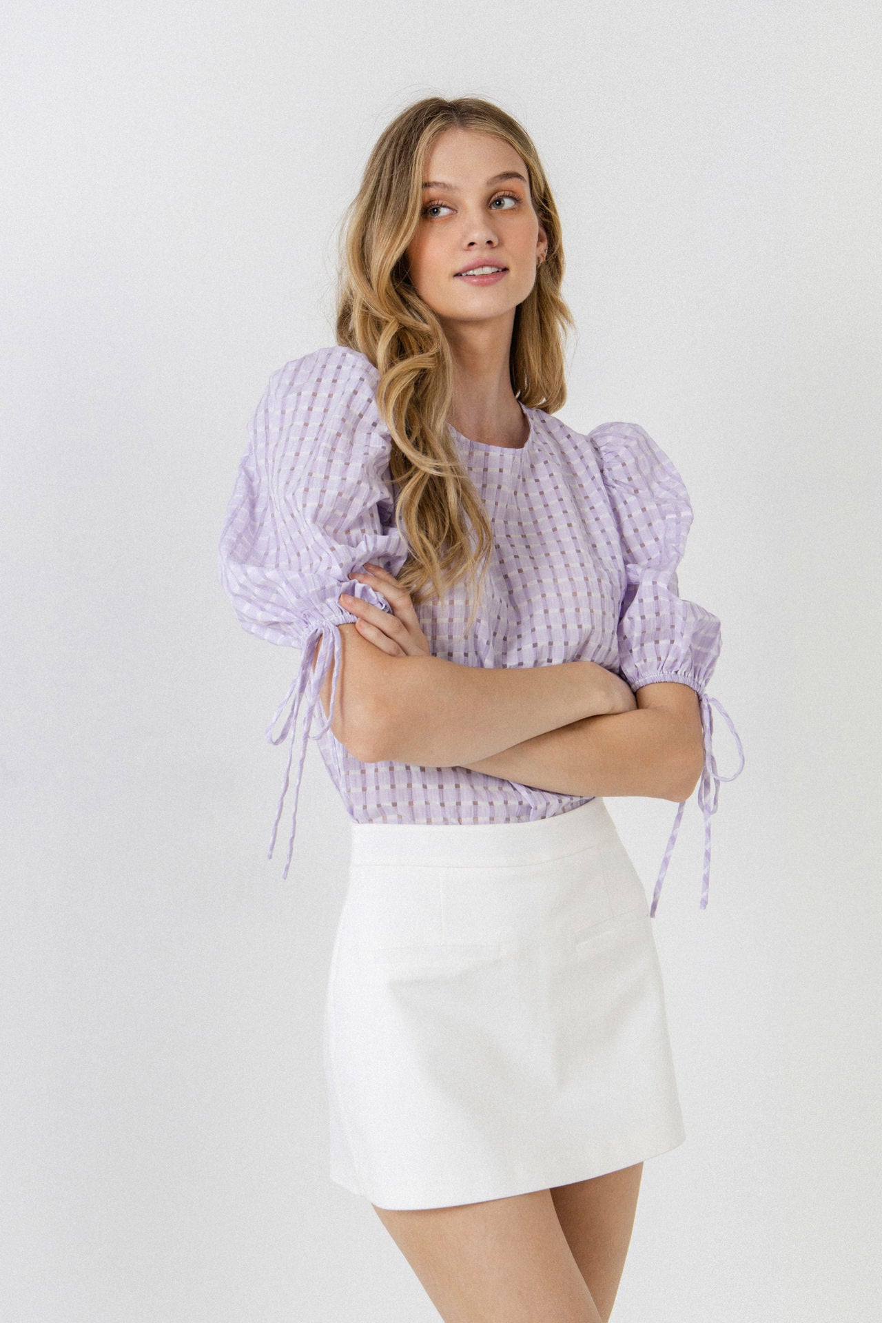 Checked Sheer Puff Sleeve Blouse