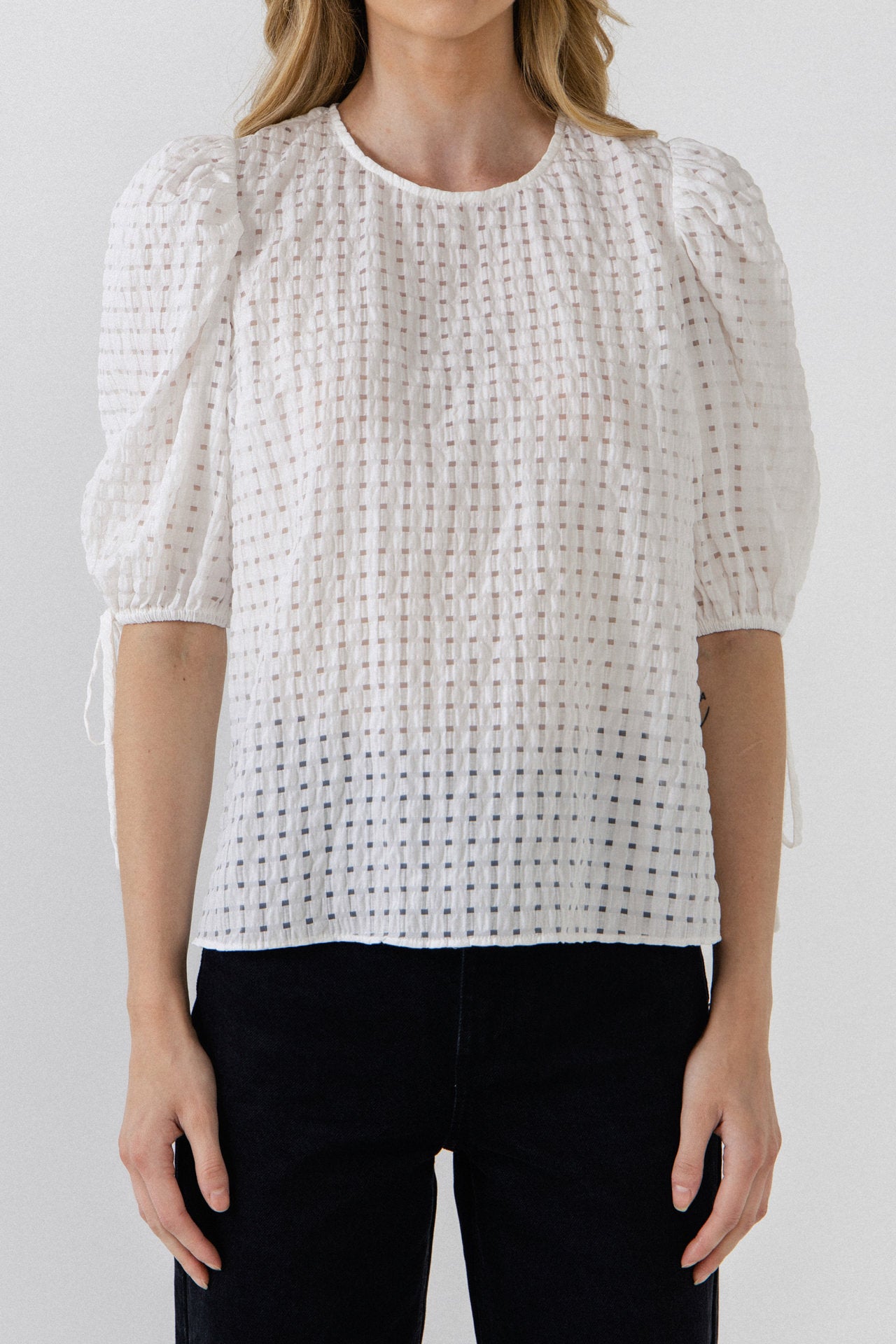 ENGLISH FACTORY - Checked Sheer Puff Sleeve Blouse - TOPS available at Objectrare