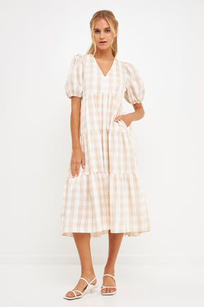 ENGLISH FACTORY - Gingham Puff Sleeve Midi Dress - DRESSES available at Objectrare