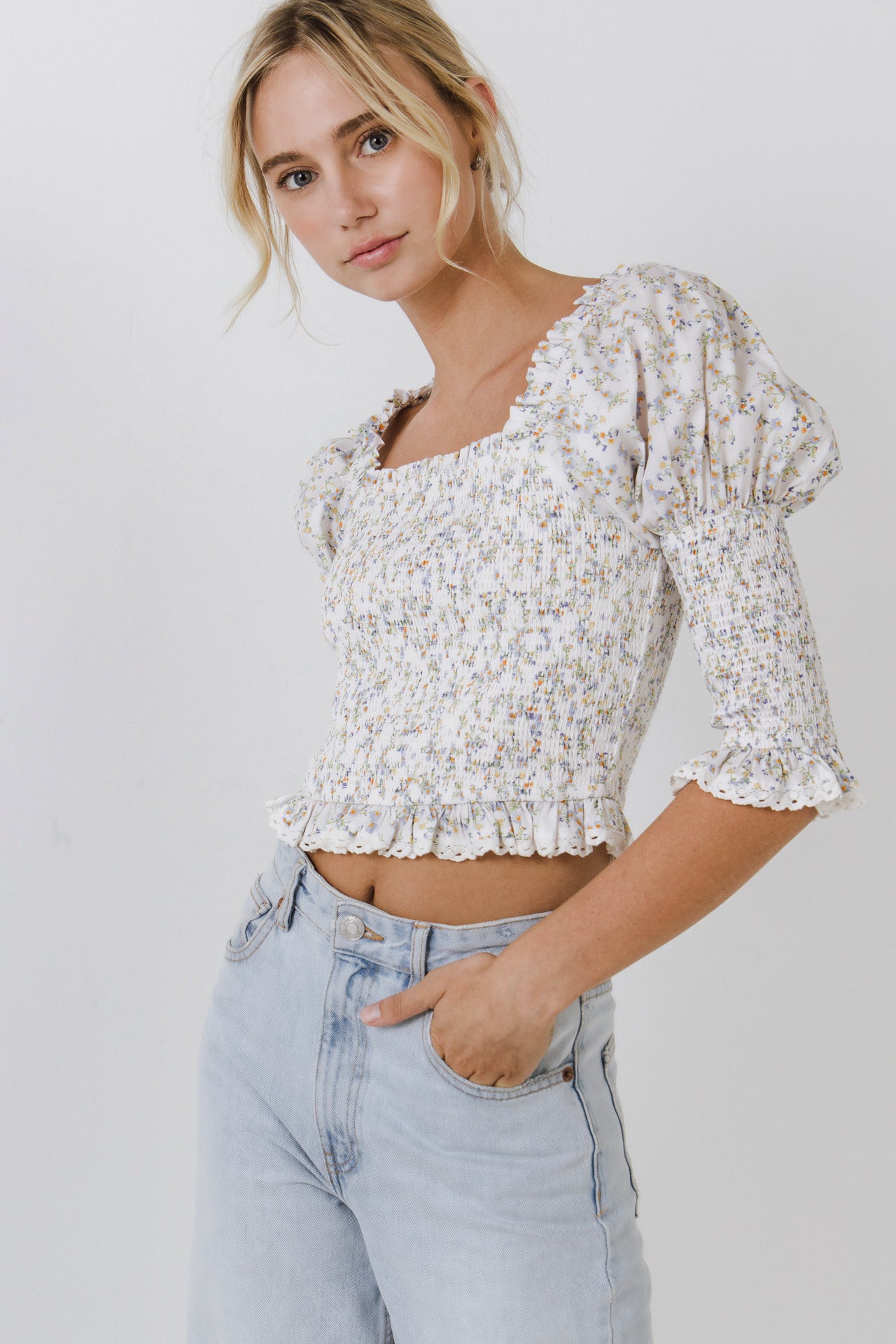FREE THE ROSES - Smocked Sleeved Puff Sleeve Ruffled Top - TOPS available at Objectrare