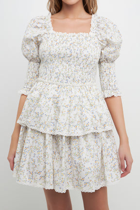 FREE THE ROSES - Lace Trim Floral Print Smocked Sleeve Mini Dress - DRESSES available at Objectrare
