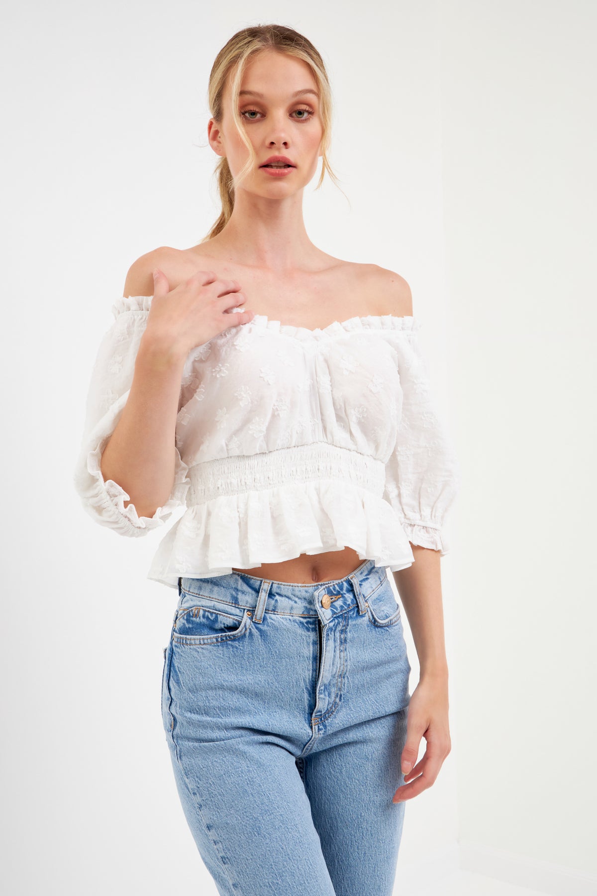 ENDLESS ROSE - Floral Embroidered Smocked Off Shoulder Top - TOPS available at Objectrare