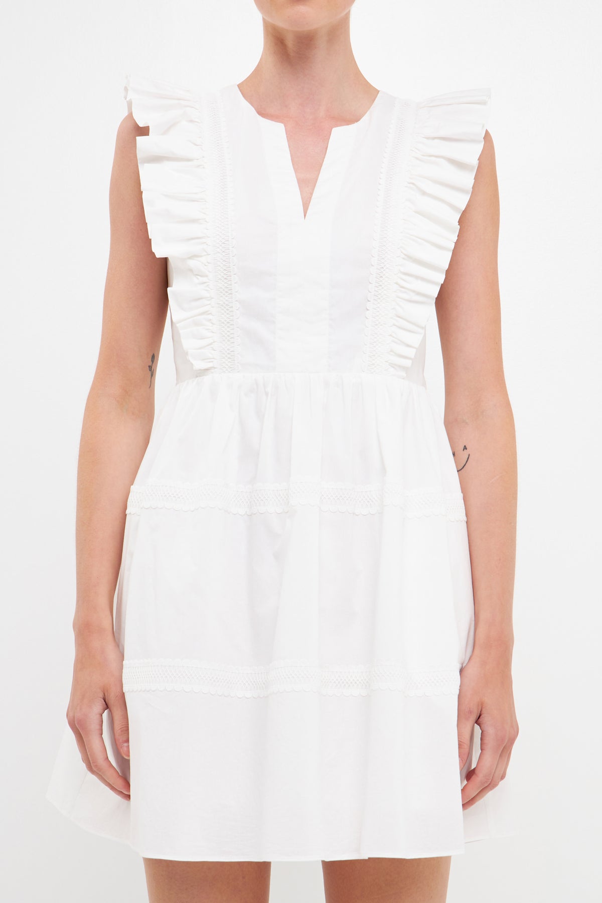 ENDLESS ROSE - Lace Trimmed V Placketed Ruffled Mini - DRESSES available at Objectrare