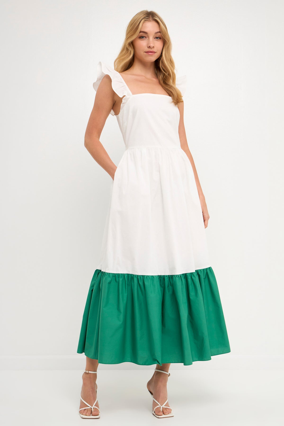 ENGLISH FACTORY - Shoulder Ruffled Poplin Maxi with Accent Colorblock - DRESSES available at Objectrare