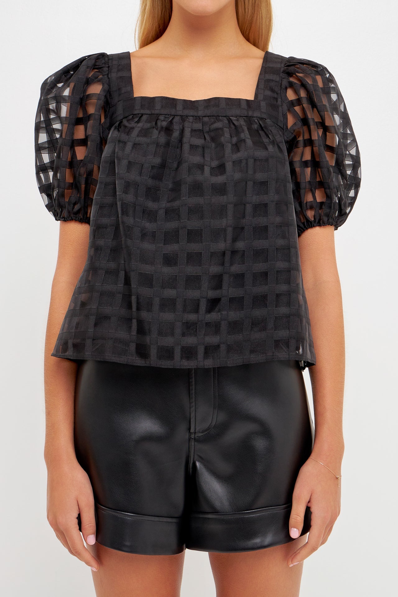 ENGLISH FACTORY - Organza Gridded Square Neck Crop Top - TOPS available at Objectrare