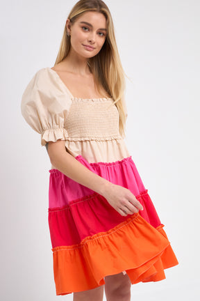 ENGLISH FACTORY - Colorblock Smocked Puff Sleeve mini - DRESSES available at Objectrare