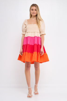 ENGLISH FACTORY - Colorblock Smocked Puff Sleeve mini - DRESSES available at Objectrare