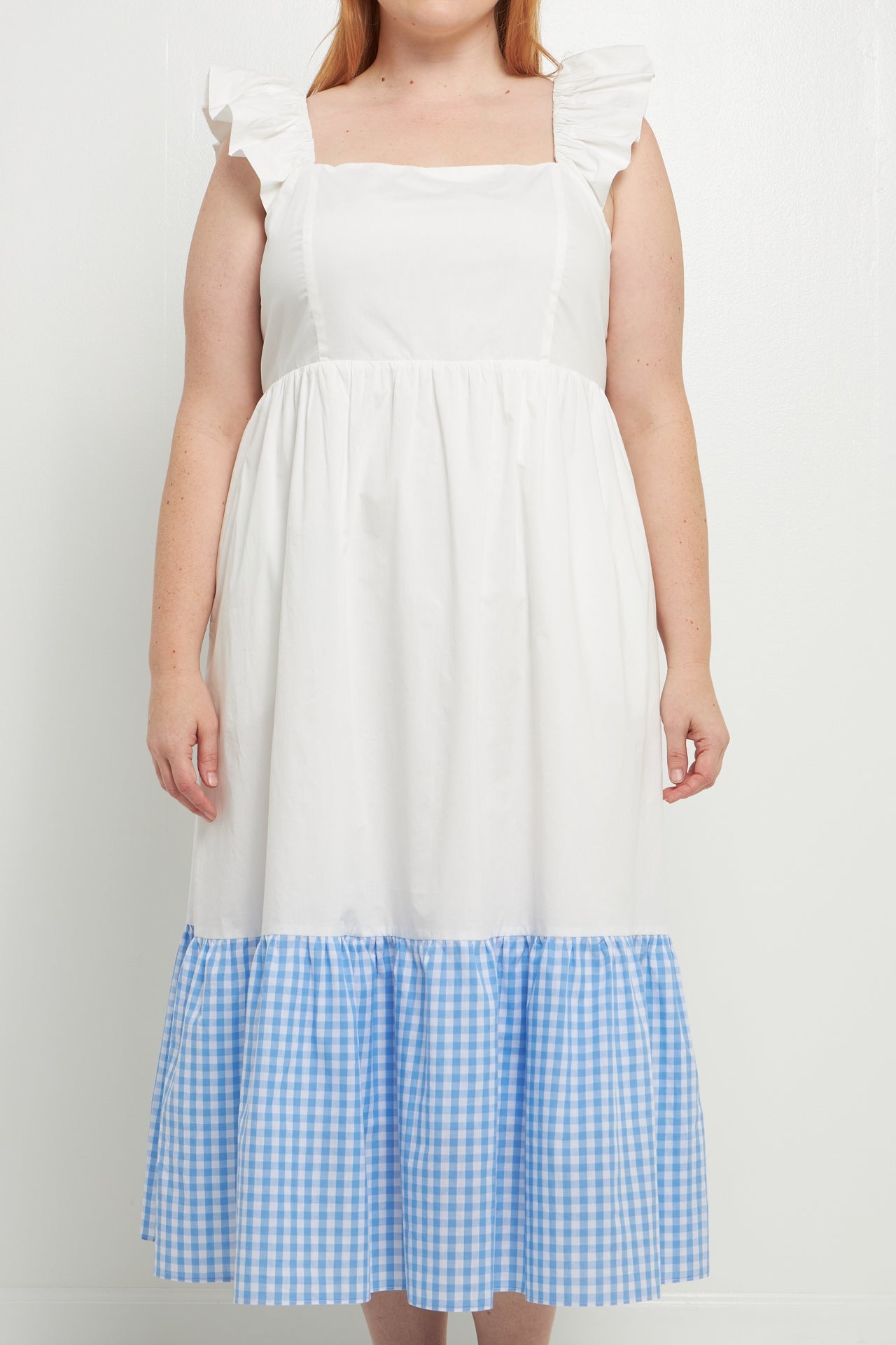 ENGLISH FACTORY - Shoulder Ruffled Gingham Accent Midi Dress - DRESSES available at Objectrare