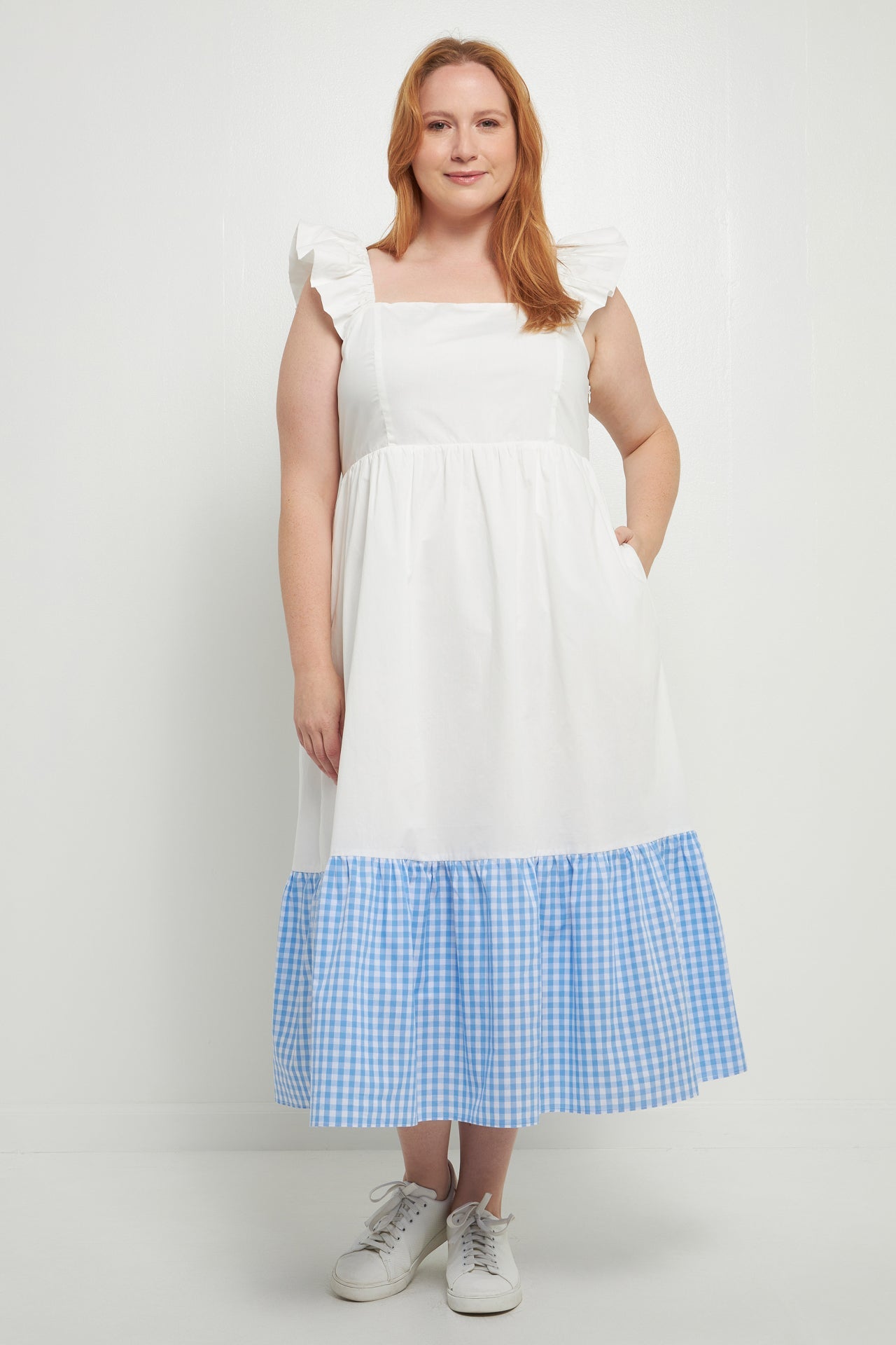 ENGLISH FACTORY - Shoulder Ruffled Gingham Accent Midi Dress - DRESSES available at Objectrare