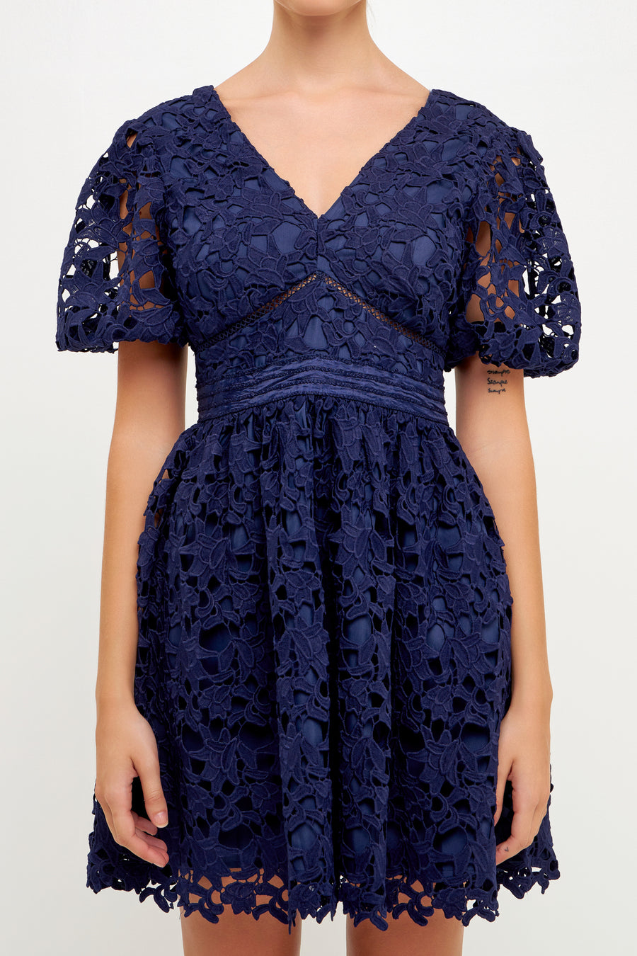 Ever So Sweet Crochet Lace Puff Sleeve Mini Dress