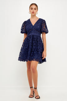 ENDLESS ROSE - Crochet Lace Puff Sleeve Mini Dress - DRESSES available at Objectrare