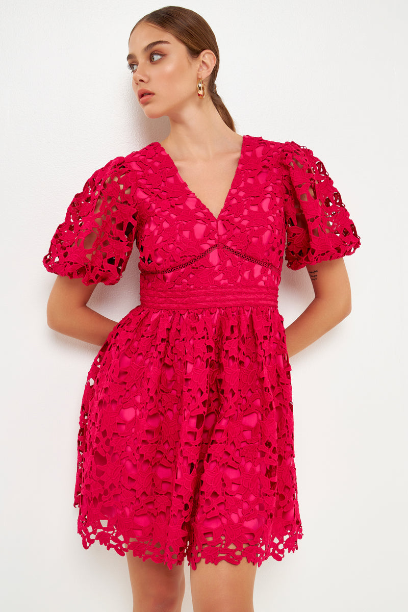 Sweet Valor Crochet Lace Puff Sleeve Button Up Mini Dress