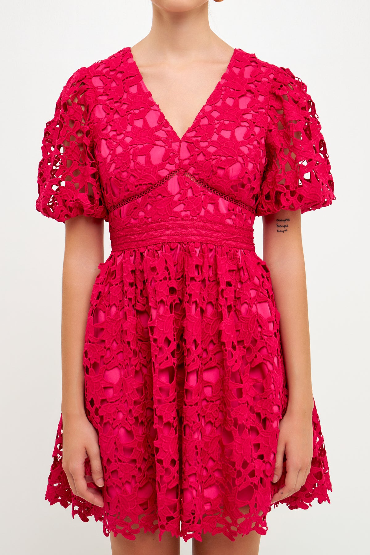 ENDLESS ROSE - Crochet Lace Puff Sleeve Mini Dress - DRESSES available at Objectrare
