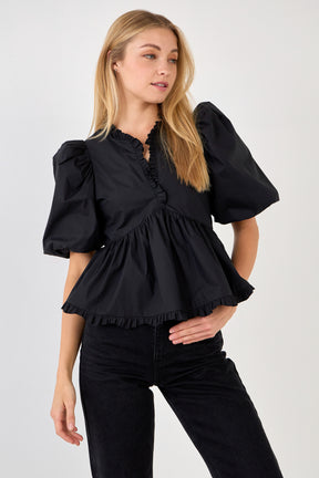 ENDLESS ROSE - Puff Sleeve Peplum Top - TOPS available at Objectrare