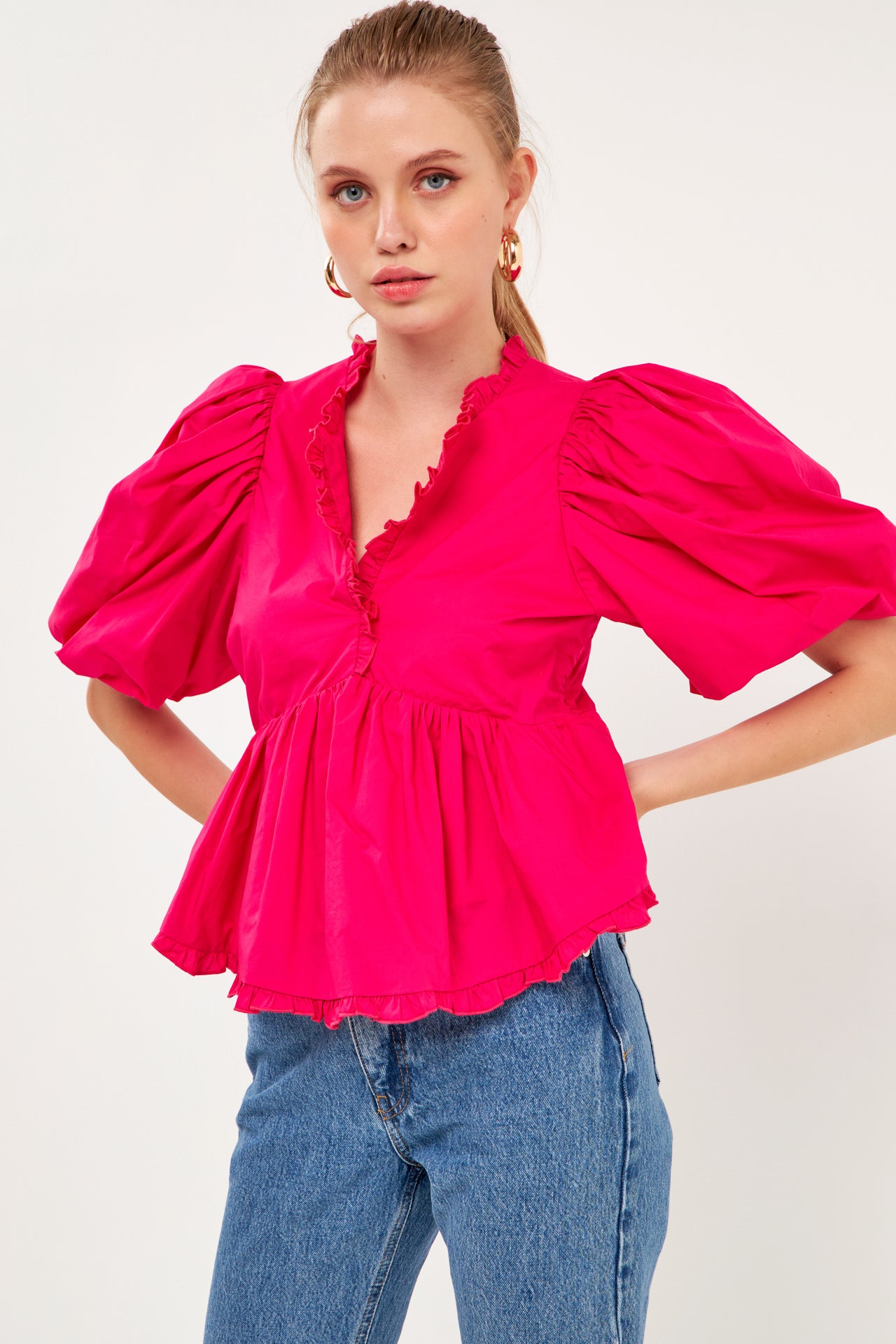 ENDLESS ROSE - Puff Sleeve Peplum Top - TOPS available at Objectrare