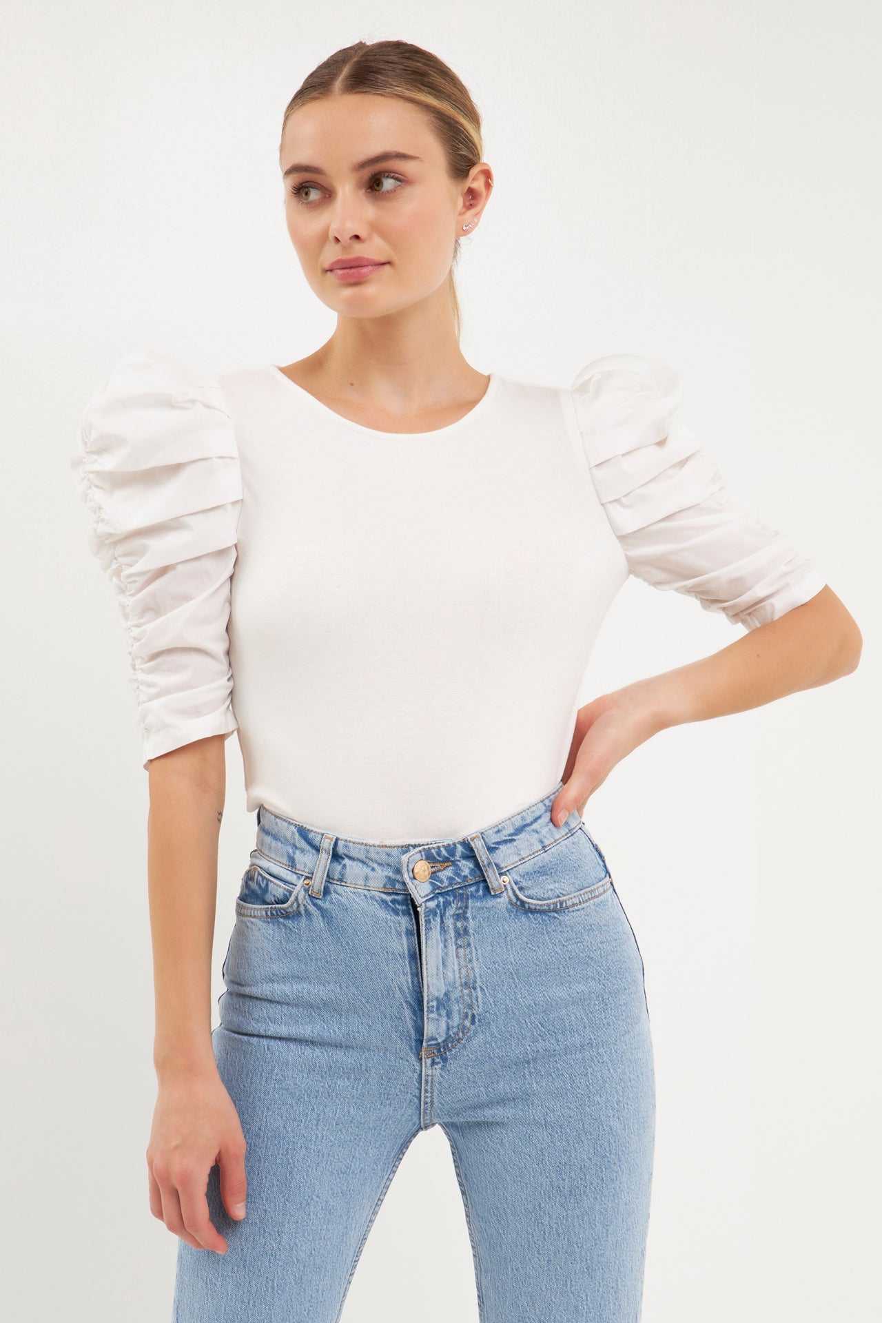 ENDLESS ROSE - Mixed Media Puff Sleeve Top - TOPS available at Objectrare