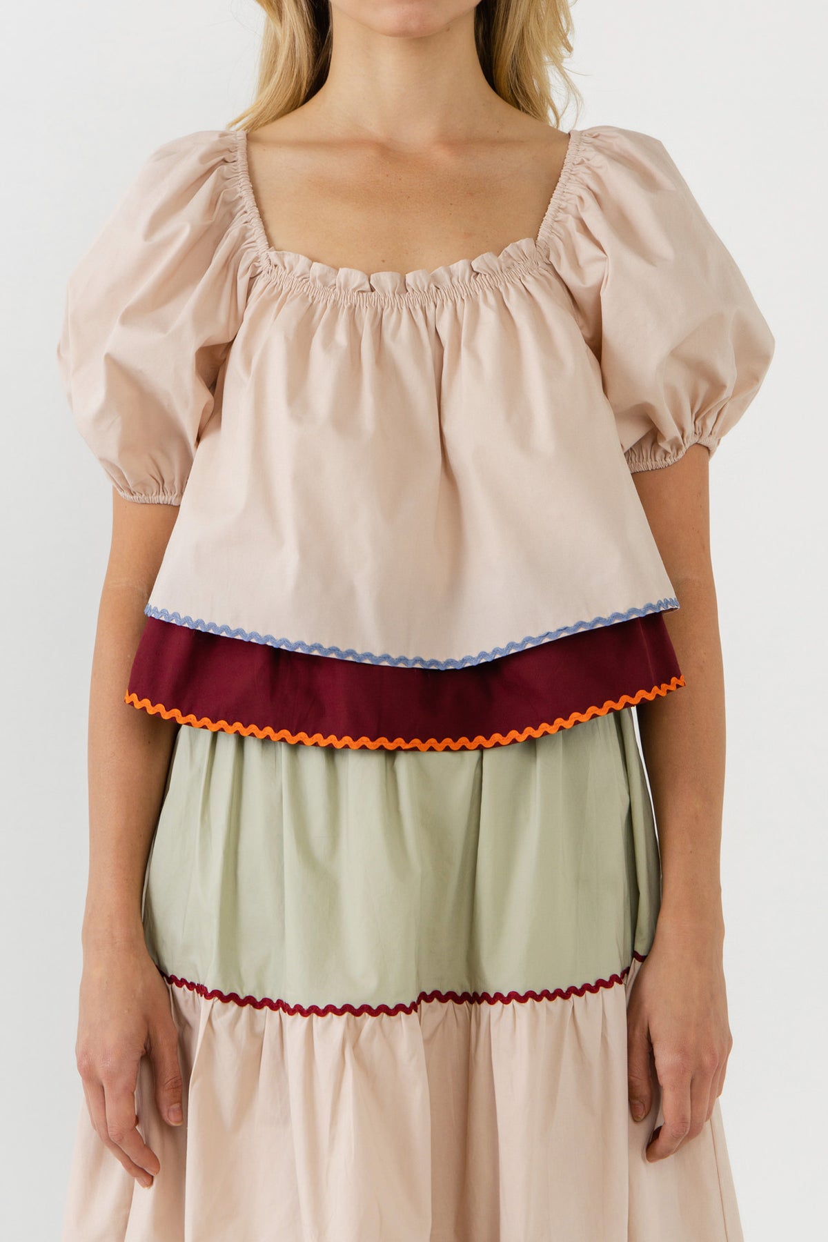 ENGLISH FACTORY - Colorblock Rickrack Trim Puff Sleeve Top - TOPS available at Objectrare